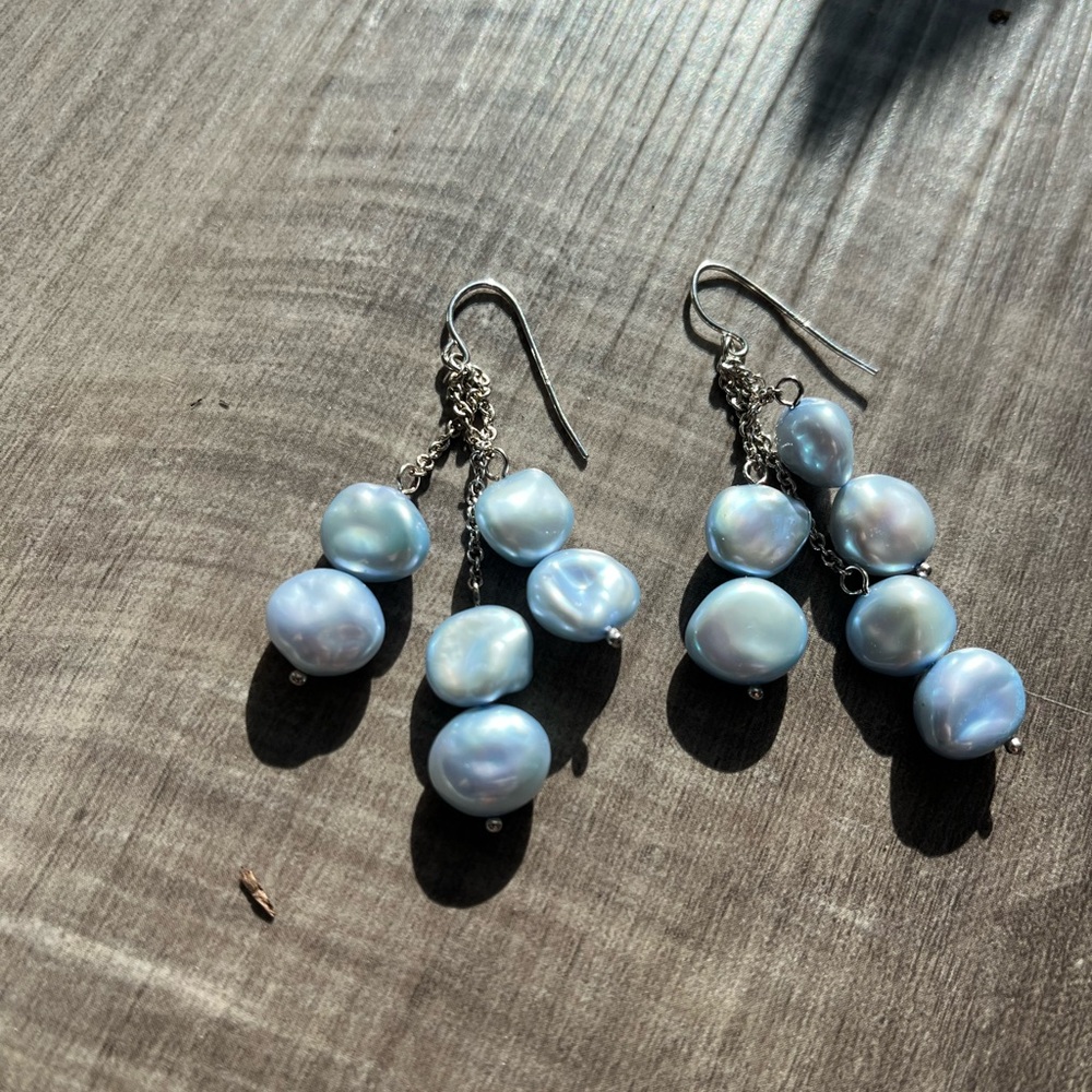 Elegant Silver and Blue Pearl Drop Earrings